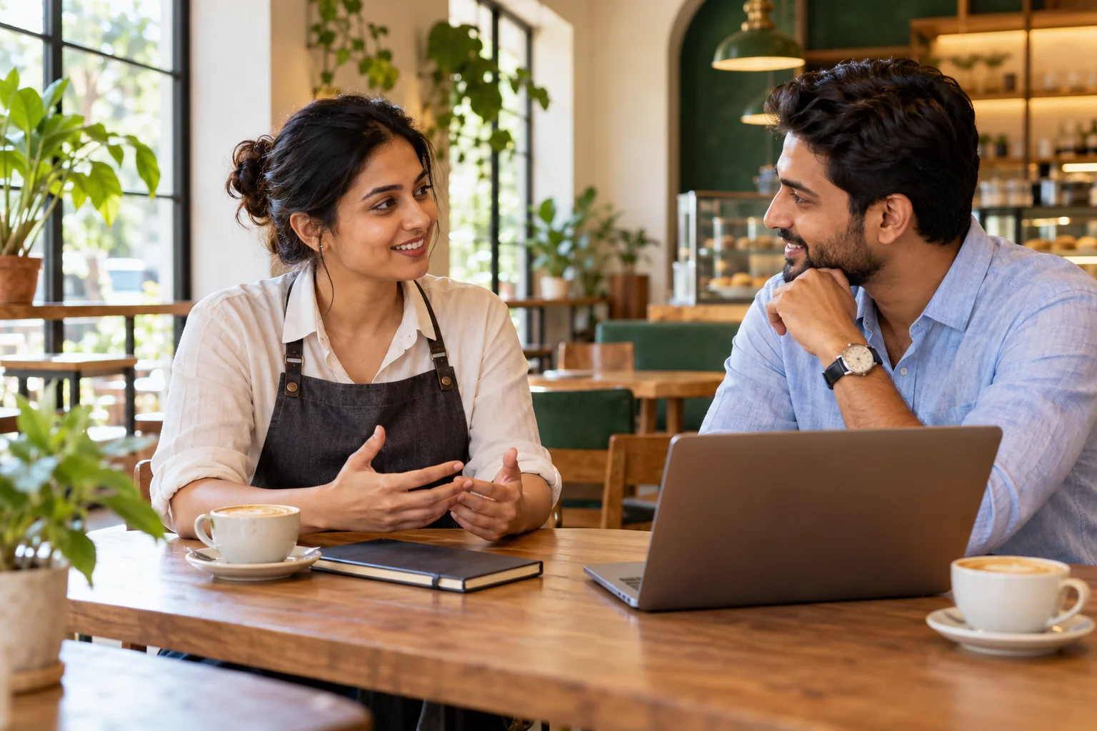 A café founder discussing her business plans with an adviser