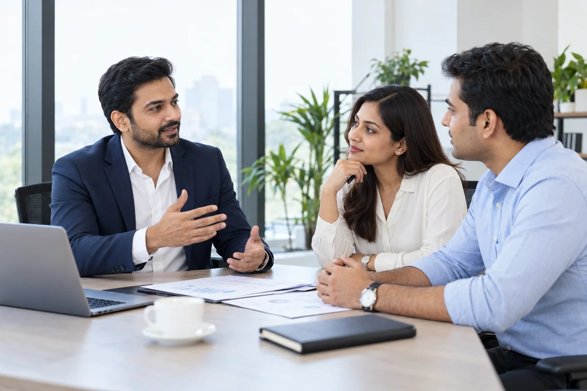 Business owners and a consultant discussing a growth plan in a bright office
